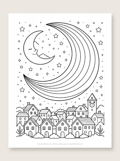 Rainbow under the moon: rainbow coloring page