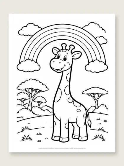 Giraffe touches a rainbow: rainbow coloring page