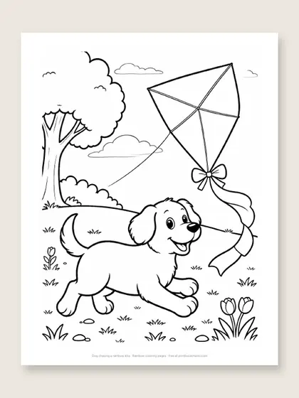 Dog chasing a rainbow kite: rainbow coloring page