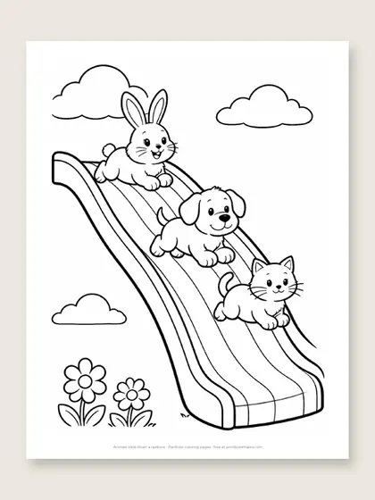 Animals slide down a rainbow: rainbow coloring page