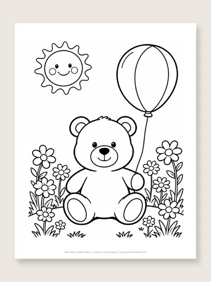 Bear with a rainbow balloon: bear coloring page