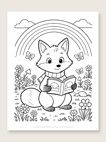 Fox reading by a rainbow: fox coloring page