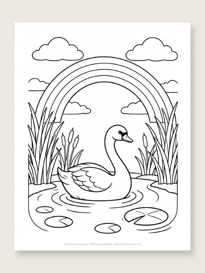 Swan and rainbow pond: rainbow coloring page