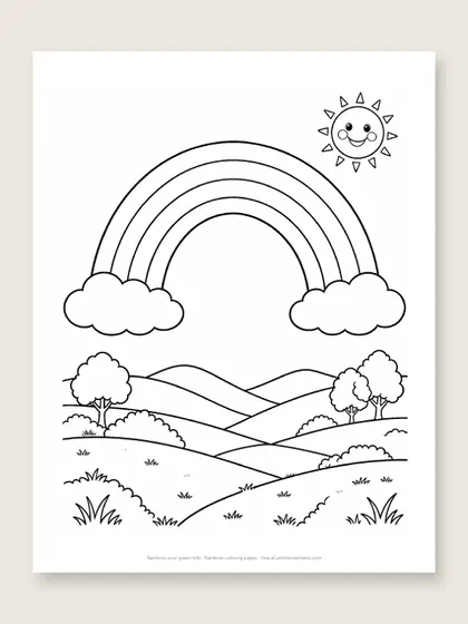 Rainbow over green hills: rainbow coloring page