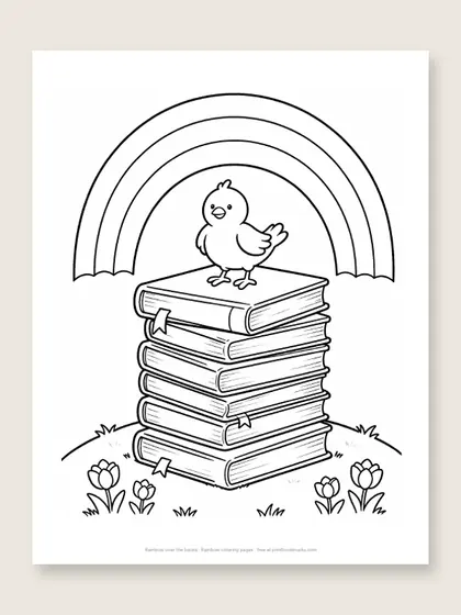 Rainbow over the books: rainbow coloring page