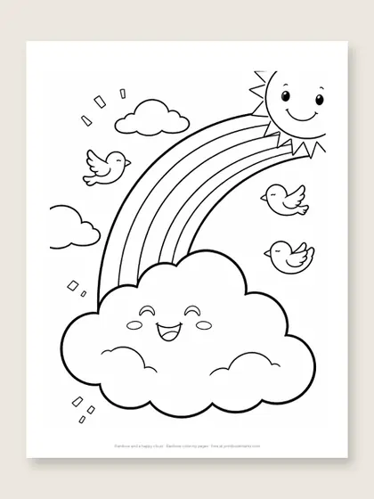 Rainbow and a happy cloud: rainbow coloring page