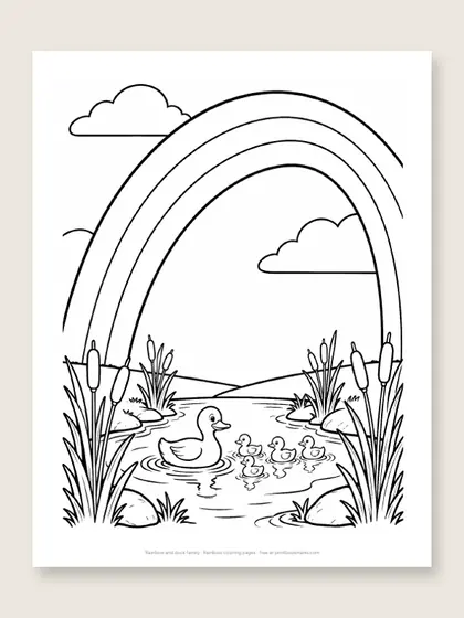 Rainbow and duck family: rainbow coloring page