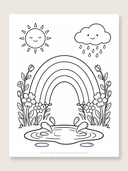 Sun, rain and a rainbow: rainbow coloring page