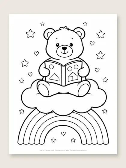 Bear on a rainbow cloud: rainbow coloring page