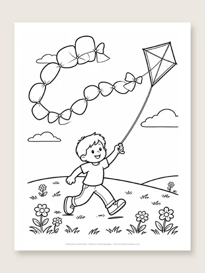 Child and rainbow kite: rainbow coloring page