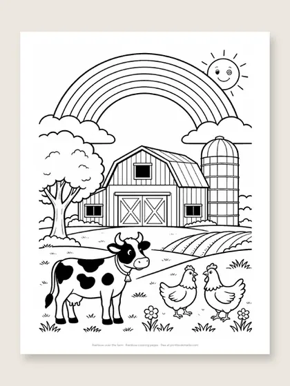Rainbow over the farm: rainbow coloring page