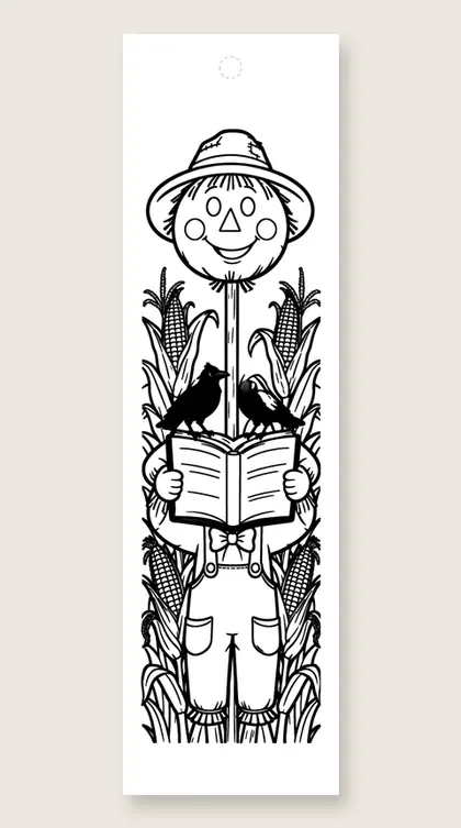 Scarecrow reading to crow: coloring bookmark