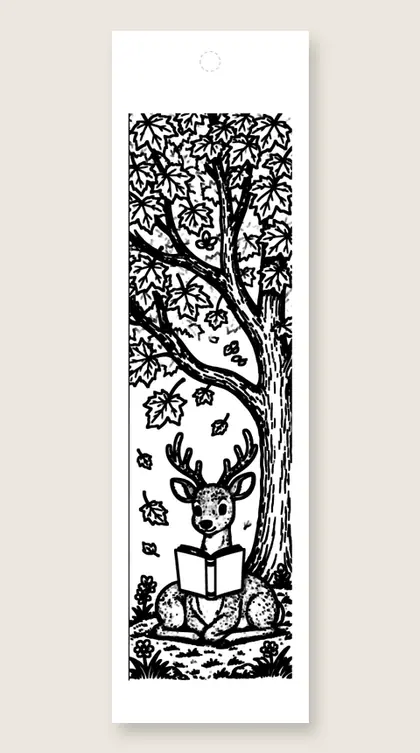 Deer reading under maple: Thanksgiving coloring bookmark