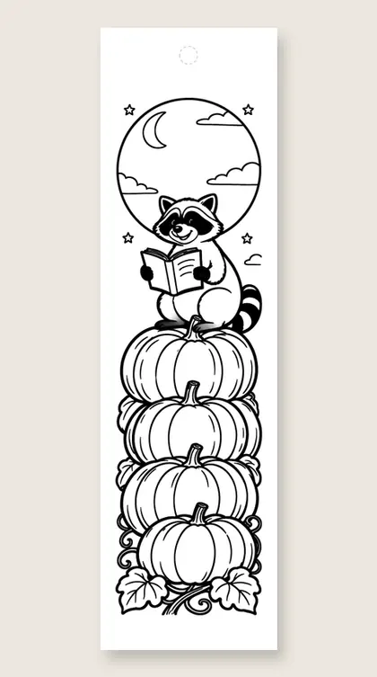 Raccoon on the pumpkins: Thanksgiving coloring bookmark