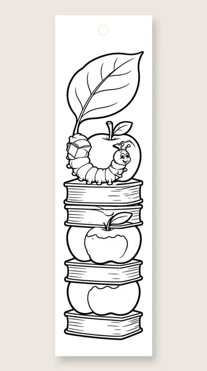 Bookworm and apples: Thanksgiving coloring bookmark