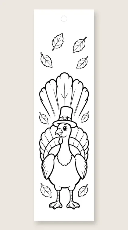Turkey in a pilgrim hat: Thanksgiving coloring bookmark
