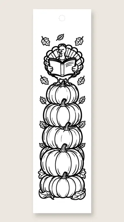 Turkey reads on pumpkins: coloring bookmark