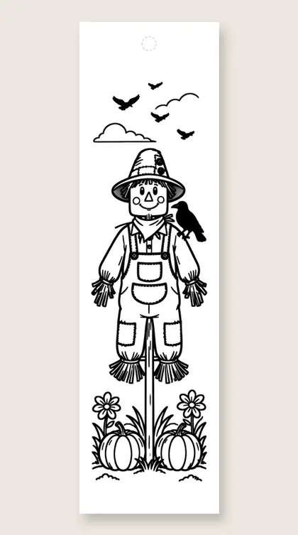 A friendly field scarecrow: Thanksgiving coloring bookmark