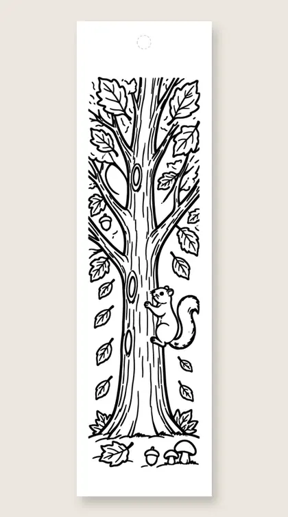 Autumn tree and squirrel: Thanksgiving coloring bookmark