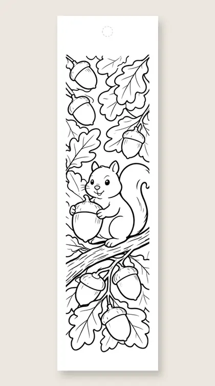 Squirrel with an acorn: Thanksgiving coloring bookmark