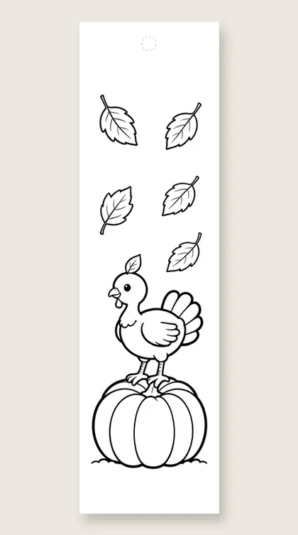 Turkey chick on a pumpkin: Thanksgiving coloring bookmark