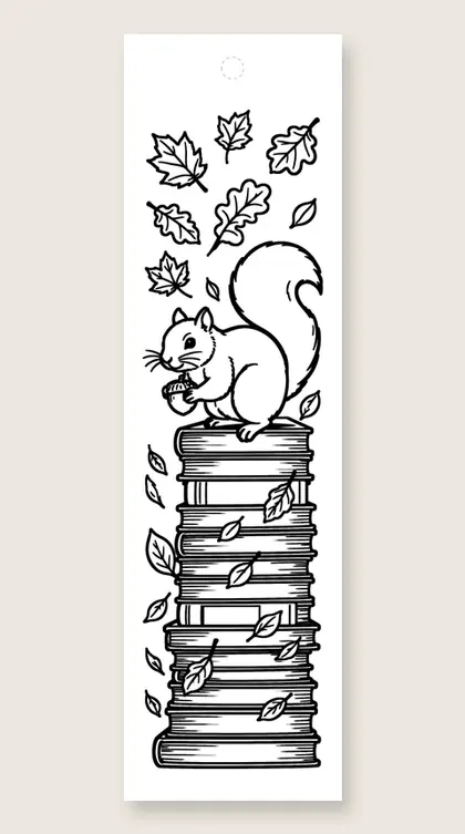 Squirrel climbs the books: coloring bookmark