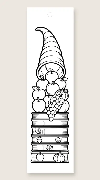 Books and cornucopia: Thanksgiving coloring bookmark