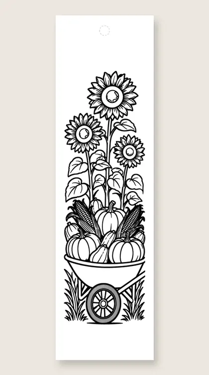 Wheelbarrow of harvest pumpkins: Thanksgiving coloring bookmark