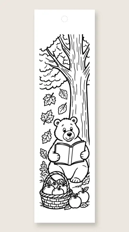 Bear reads by the tree: coloring bookmark