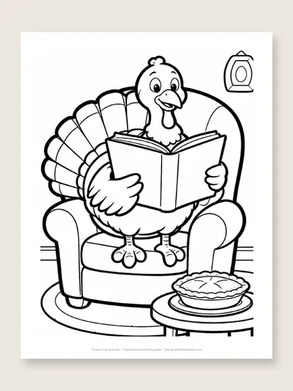 Turkey in an armchair: Thanksgiving coloring page