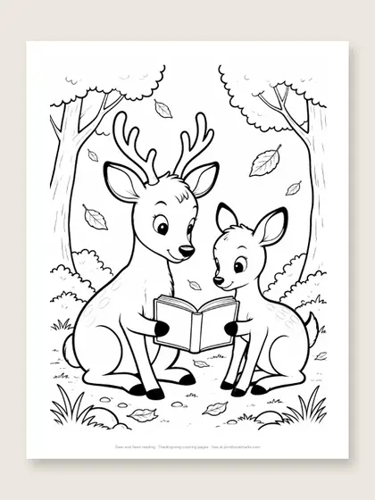 Deer and fawn reading: Thanksgiving coloring page