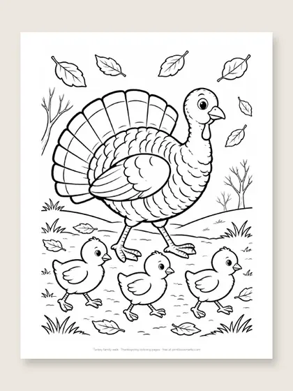 Turkey family walk: Thanksgiving coloring page