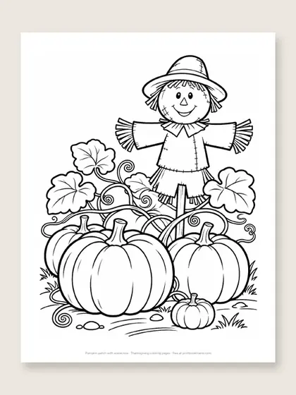 Pumpkin patch with scarecrow: pumpkin coloring page