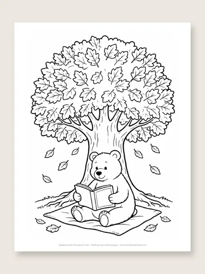 Reading under the autumn tree: Thanksgiving coloring page