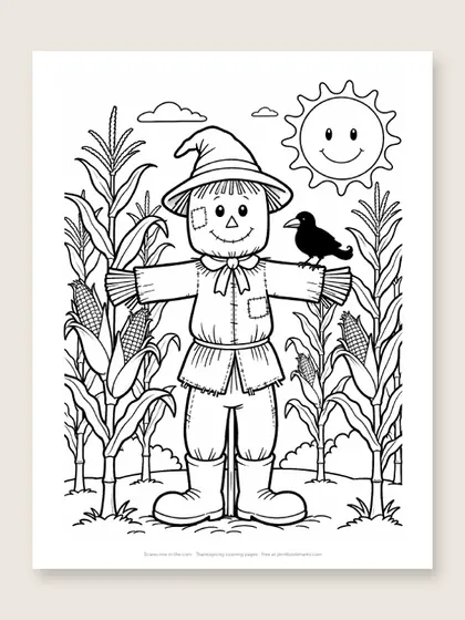 Scarecrow in the corn: Thanksgiving coloring page