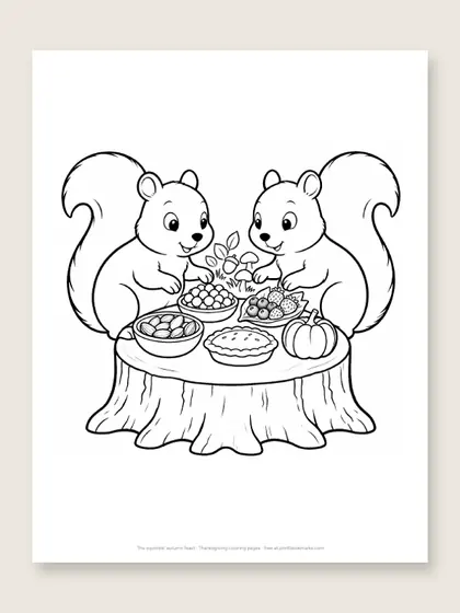 The squirrels' autumn feast: Thanksgiving coloring page