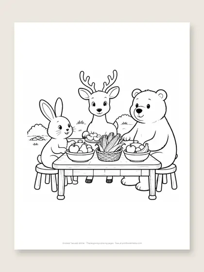 Animals' harvest dinner: Thanksgiving coloring page