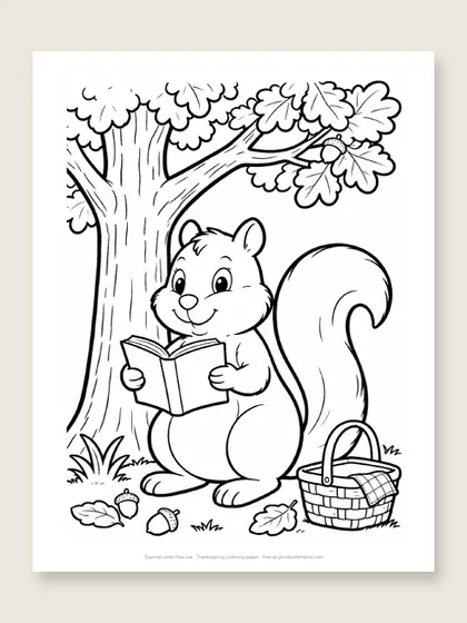 Squirrel under the oak: Thanksgiving coloring page