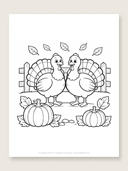 Two turkeys by the fence: Thanksgiving coloring page