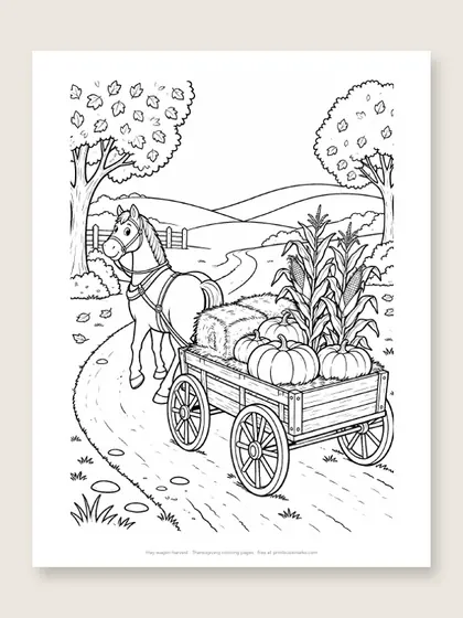Hay wagon harvest: Thanksgiving coloring page