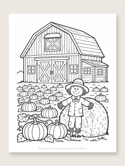 Barn and pumpkin field: Thanksgiving coloring page