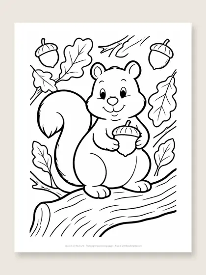 Squirrel on the trunk: Thanksgiving coloring page
