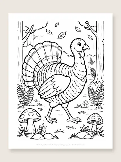 Wild turkey in the woods: Thanksgiving coloring page