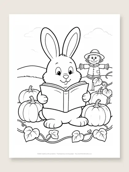 Rabbit reading with pumpkins: Thanksgiving coloring page