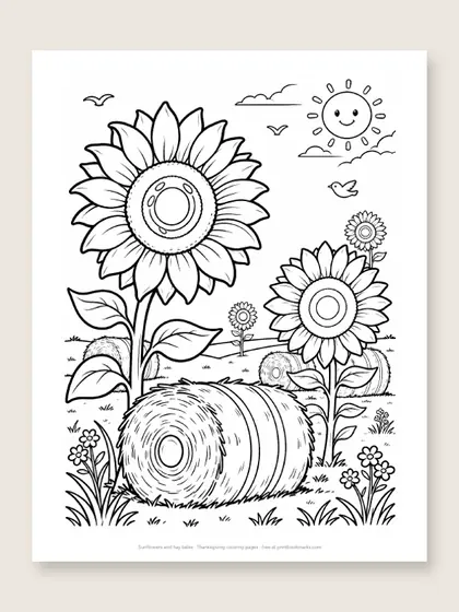 Sunflowers and hay bales: Thanksgiving coloring page