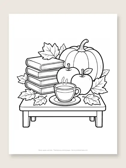 Books, apples and cider: Thanksgiving coloring page