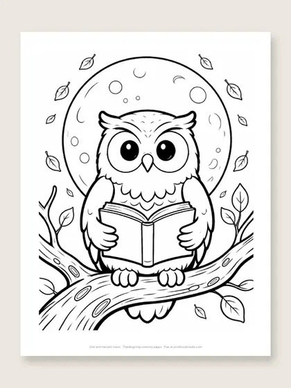 Owl and harvest moon: Thanksgiving coloring page