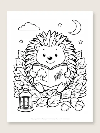 Hedgehog and lantern: Thanksgiving coloring page