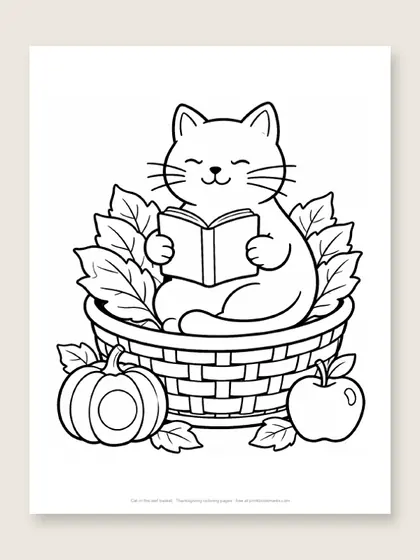 Cat in the leaf basket: Thanksgiving coloring page