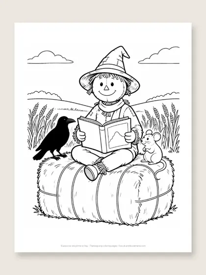 Scarecrow storytime on hay: Thanksgiving coloring page